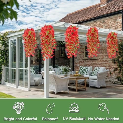 Artificial Flowers for Outdoors Fake Morning Glory Hanging Flower Decoration, 2 Pcs Realistic Faux Plants Petunias Trailing Vines, Spring Summer Decor for Porch Patio Balcony Planter Yard(Red) - Image 6