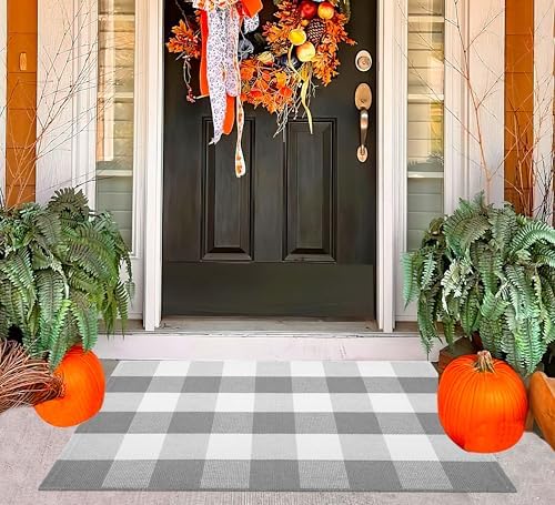 Front Door Mat Outdoor 24"x35"Grey and White Buffalo Plaid Outdoor Rug by BUAGETUP