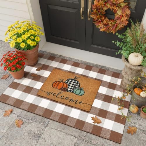 Uphome Bufflo Plaid Outdoor Rug 3'x5', Fall Decor Checkered Front Door Mat, Indoor Outdoor Farmhouse Cotton Porch Rug for Layered Door Mats, Washable Brown Area Rugs for Patio Entryway Kitchen - Image 3