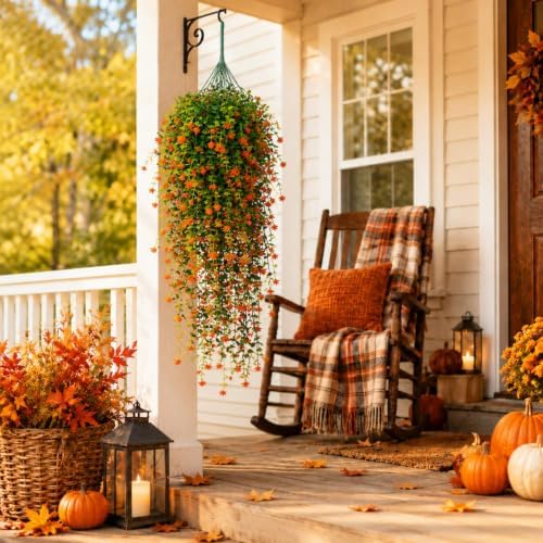 6 Pcs Fall Artificial Hanging Flowers Outdoor, Orange, Plastic - Image 5