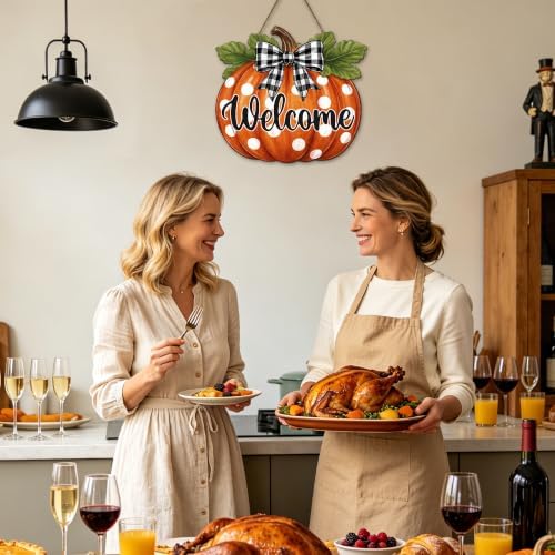 Fall Pumpkin Front Door Sign Rustic Pumpkin Thanksgiving Welcome Door Decorations Wood Sign Autumn Harvest Wreath Door Hanger Buffalo Plaid Bow Plaques Wall Hanging Decor for Home Proch Yard 11"x11" - Image 7