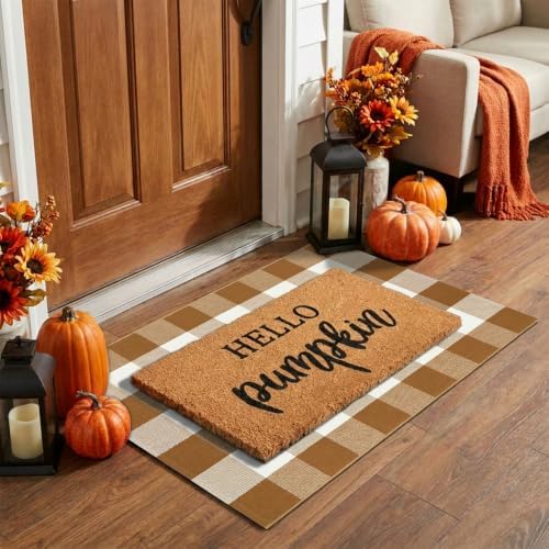 Fall Decor Doormat Combo Set, 100% Coco Coir Welcome Mat + 3' x 5' Coffee and White Plaid Rug - Fall Thanksgiving Front Porch Entryway Decor Floor Mat, Indoor Outdoors Autumn Mats Hello Pumpkin - Image 3