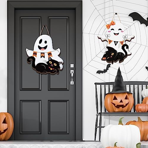 Leinuosen 2 Pcs Halloween Ghost Witch Door Sign Boo Front Door Decor, Ghost - Image 3