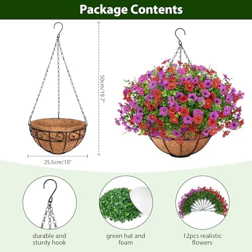 Roberly Artificial Hanging Flowers with Hanging Basket, Purple Red - Image 3
