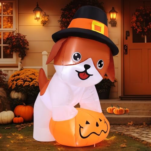 GOOSH 5.2 FT Thanksgiving Inflatables Dog Outdoor Decorations Blow Up Yard Cute Puppy Standing on a Pumpkin with Pilgrim Hat with Built-in LEDs for Garden Lawn Indoor Party Decor - Image 3