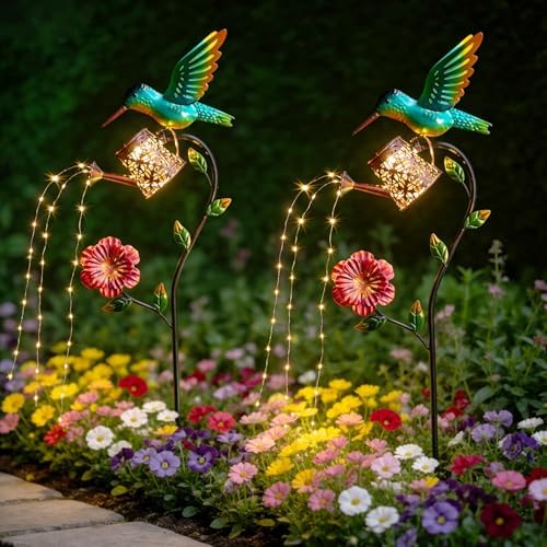 Hummingbird Solar Lights Outdoor Waterproof, 36 Inch Garden Decor with Watering Can Lights, Birthday Gifts for Women, Hummingbird Hanging Lantern Outdoor Decoration for Outside Yard Patio Porch Lawn - Image 4