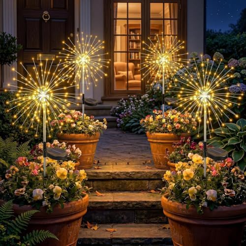 Solar Garden Lights Outdoor 4 Pack, 120LED Solar Starburst Twinkle Firework Lights with 8 Modes,Waterproof Decorative Fairy Light for Yard, Garden, Halloween & Christmas Landscape Decor by Fairdeer