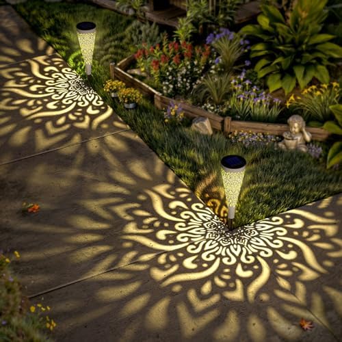 gardencave 6 Pack Solar Lights Outdoor Garden Decorative Mandala Solar Garden Lights with Warm Light Waterproof Solar Pathway Landscape Light for Path Patio Backyard Walkway Yard Decor (White) - Image 6