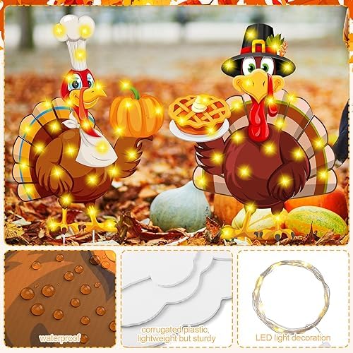 Soaoo 2 Pack Thanksgiving Turkey Yard Signs with LED String Light Outdoor Fall Yard Decorations with Stakes Pumpkin Thanksgiving Lawn Garden Sign for Harvest Party Decorations, 32 x 12 Inch - Image 2