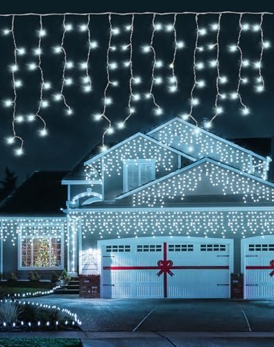 Christmas Outdoor Icicle Lights 624 LED 59FT with 96 Drops, Icicle LLights For Outside Cool White Waterproof for Roof/Gutter/Wedding, 8 Modes & Remote, Timer, Energy-Efficient Holiday Decorations by HOME
