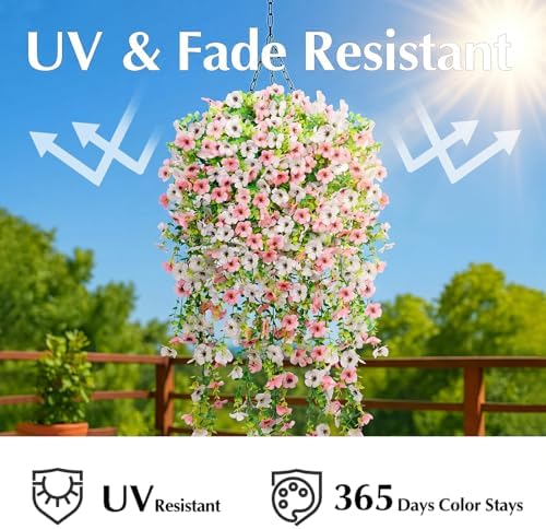 Artificial Flowers for Outdoors,8PCS Hanging Outdoor Faux Plants,UV Resistant Fake Flowers for Outdoor Planters,Realistic Fake Plants Spring Decor for Porch,Patio,Yard (PinkWhite) - Image 3