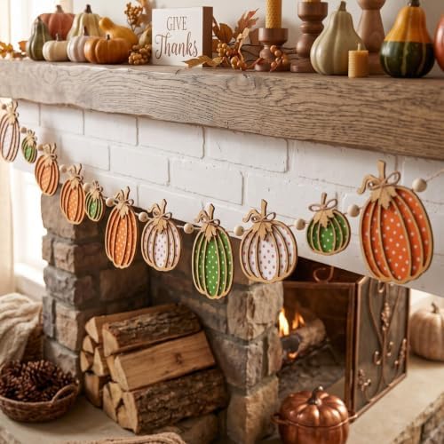 Cinnvoice Fall Pumpkin Garland Wooden Beads Garland Polka Dot Pumpkin Decor by QinYee
