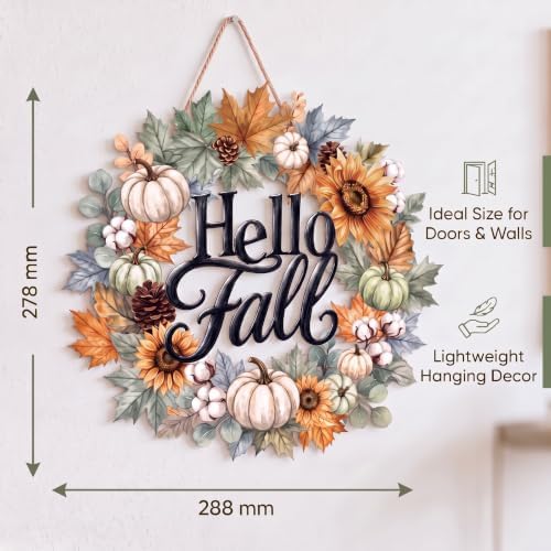 Yalikop Hello Fall Door Sign Wreath Wooden Fall Autumn Decor Sign 3D Hollow Maple Leaf Pumpkin Front Door Hanger Wall Decor for Thanksgiving Harvest Porch Indoor Outdoor Home Decorations - Image 2