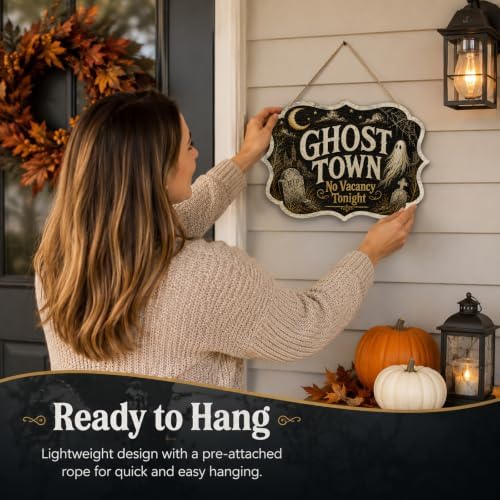 Vintage Halloween Wooden Sign with Rope 8.5x12 Inch Spooky Gothic Wall Plaque Ghost Witch Moon Farmhouse Decor for Front Door Porch Indoor Outdoor Seasonal Wall Hanging Art（A04） - Image 4