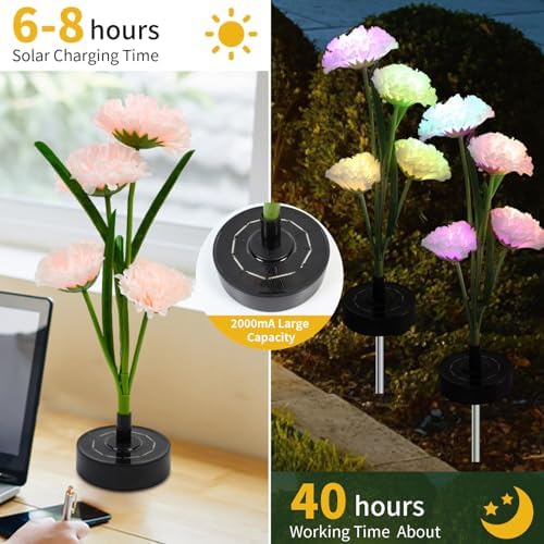 Solar Flowers Lights - Solar Garden Lights Outdoor Waterproof Carnations, 40 Hours Color Changing Solar Powered Outside Decor for Yard Patio Pathway Lawn, Gifts for Mom, 2pcs - Image 2