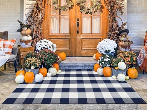 Blue White Outdoor Rug 3'x5' Fall Buffalo Plaid Layering Front Porch Rug - Image 6