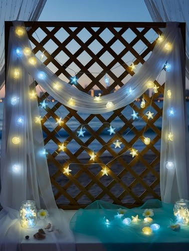 Coastal String Lights, 30 LED Seashell Turtle Seahorse and Starfish Lights, 10FT, Blue and White, Battery Operated, Indoor & Outdoor Decor - Image 6