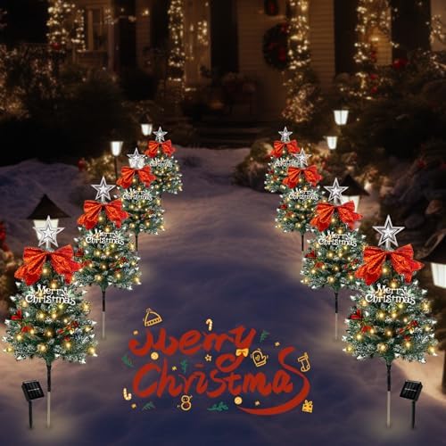 Christmas Tree Solar Pathway Lights Outdoor Decor, 8 Pack, Snowy - Image 3