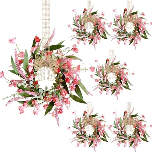 6 PCS Artificial Spring Summer Swag Wreaths Mini Pink Forsythia Lavender Kitchen Cabinet Wreath Small Floral Hanging Flowers Wreaths for Front Door Wedding Farmhouse Porch Wall Window Tabletop Decor by Unknown