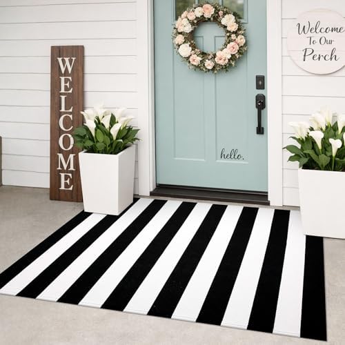 KILOCOCO Black White Striped Rug 3'X5' Front Door Mat Indoor Washable Rugs by Kilococo