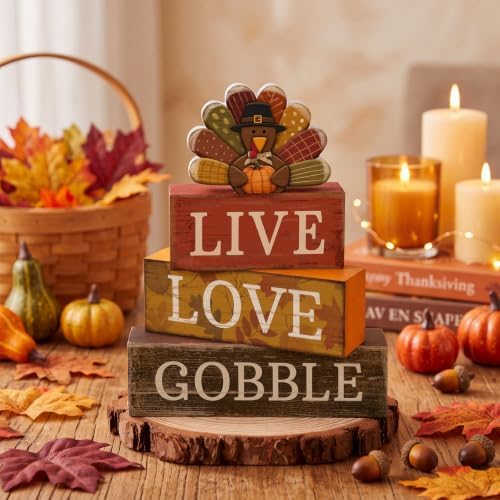 Lineshading 4 Pcs Thanksgiving Wooden Block Signs Turkey Tiered Tray Decor - Image 2