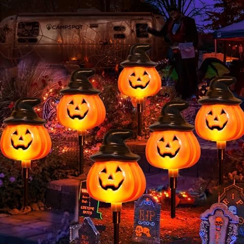6 Pack Solar Jack O Lantern Stake String Lights - Orange Halloween Pathway Decor for Outdoor Halloween Yard Display by Awinking