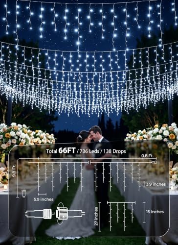 Brightown Christmas Icicle Lights Outdoor, 66 Feet 138 Drops with 736 LED, 8 Modes Waterproof Connectable Twinkle Fairy String Light for Christmas Thanksgiving Hanging Icicles (Pure White) - Image 4