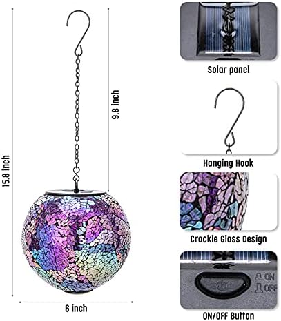 VCUTEKA Hanging Solar Lanterns Mosaic Crackle Glass Solar Lights, Purple - Image 5