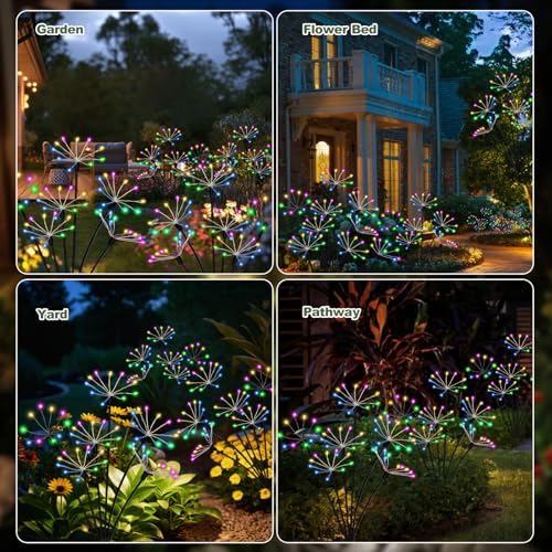 Kwaiffeo 4 Pack Solar-Powered Firework Fairy Lights, Solar Light Outdoor Waterproof Christmas & Garden Decor for Pathway/Patio/Yard - Gardening Gifts for Women (Multicolor) - Image 3