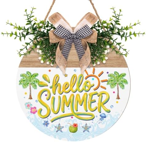 Hello Summer Door Sign Hanger Beach Theme Front Door Wreaths for Office Coastal Summer Wooden Hanging Signs Porch Wall Decorations for Outdoor Garden by Cryfox