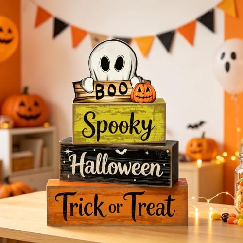 4 Pcs Halloween Tiered Tray Decor Wooden Stacked Block Signs, Rustic Ghost Boo Pumpkin Spooky Trick or Treat Table Decor for Home Kitchen Shelf Mantel Party - Image 7