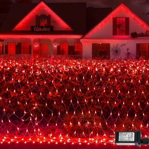 YEGUO Halloween Net Lights Outdoor Mesh Lights, 12ft x 5ft 360 LED Red Christmas Light Outdoor Waterproof, 8 Modes Connectable Clear Wire Halloween Bush Light Plug in by YEGUO