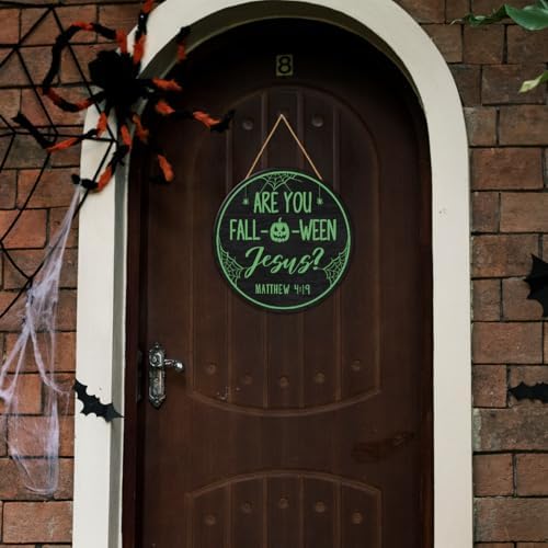 Christian Halloween Decorations Are You Fall-O-Ween Jesus Sign Halloween Pumpkin Door Sign Wooden Hanger for Front Door Porch Wall Indoor Home Office Bedroom Decor - Image 3