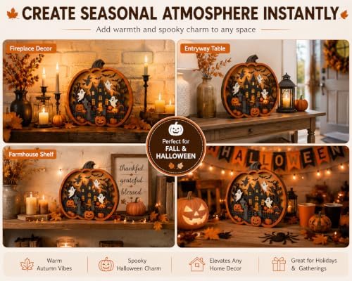 Vintage Halloween Decor 2026, 3D Wooden Pumpkin Decor, Spooky Halloween Tabletop Decoration, Rustic Shelf Mantel Ornament for Home (Pumpkin Sign) - Image 5