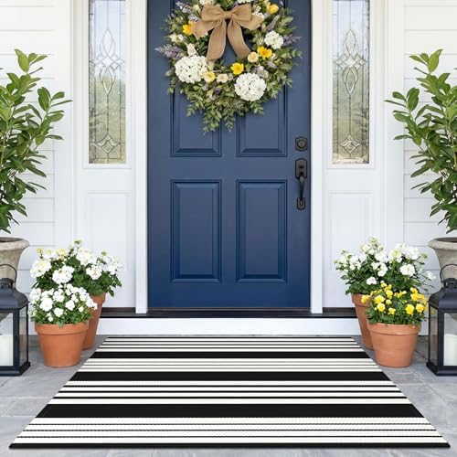 KOZYFLY Striped Rug 27.5x43 in Black White Woven Washable Front Door Mat by KOZYFLY