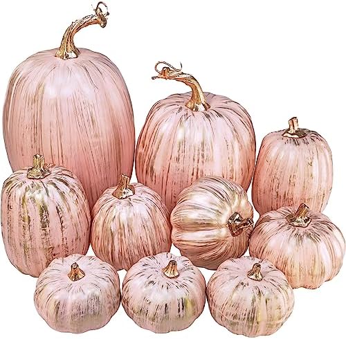 Winlyn 10 Pcs Assorted Artificial Gold Brushed Pink Pumpkins Rustic Decorative Pumpkins Foam Pumpkins for Farmhouse Fall Wedding Baby Shower Halloween Tabletop Centerpiece Mantel Decoration by Winlyn