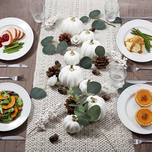 Suncalla 56 Pcs Artificial Pumpkin Eucalyptus Leaves Fall Decor, White - Image 4