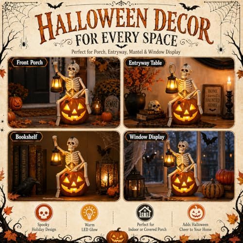 Halloween Outdoor Decorations Solar Lighted Skeleton Pumpkin Statue with Lantern 9.3 Inch Resin Jack O Lantern Yard Decor Halloween Skeleton Decoration for Porch Patio Garden Lawn - Image 2