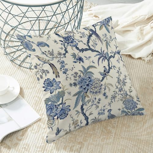CXMEIFLY Spring Floral Birds Pillow Covers 16 x 16 Inch Set of 2 for Chinoiserie Flowers Decor Throw Pillows Blue and White Plant Outdoor Decorative Cushion Cases for Couch Bed Decorations - Image 4