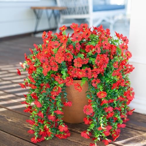 HyeFlora Artificial Hanging Flowers for Outdoors Decoration, 2Pcs Red Fake Spring Summer Decor, Realistic Plants, UV & Fading Resistant Flower for Porch Patio Balcony Planter Yard Home Garland - Image 5