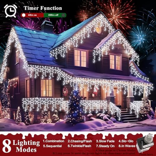 XURISEN 66ft 640 LED Christmas Lights Outdoor with 120 Drops, 8 Modes Curtain Fairy Lights Plug in Waterproof Timer Memory Function String Lights for Christmas Holiday Wedding Party Decor(Cool White) - Image 2