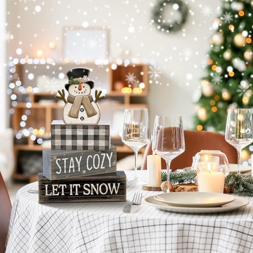 Yuntau 4 Pcs Winter Table Decorations Wooden Snowman Tiered Tray Decor - Image 5