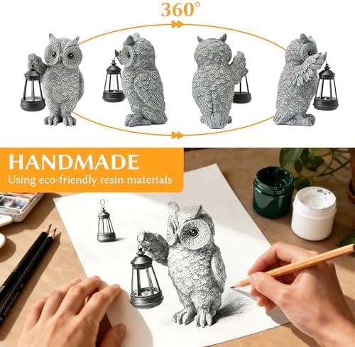 Solar Owl Garden Statues & Light, Outdoor Resin Yard Figurine Decor - Image 5