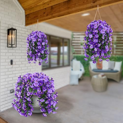 Sggvecsy Artificial Fake Hanging Flowers Plants Outdoor Outside Spring Summer Decoration 2PCS Faux Silk UV Resistant Morning Glory Trailing Vines for Home Porch Patio Balcony(Purple & Light Purple) - Image 6