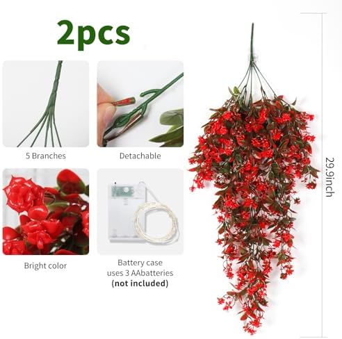 RECUTMS 2Pcs Artificial Red Hanging Flowers with Lights for Outdoor Decor - Image 2