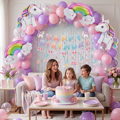 JOYIN Unicorn Magical Rainbow Birthday Party Decorations, 76PCS Unicorn Party Supplies with Banner, Foil & Latex Balloons, Spiral Swirls and Tinsel Curtains for Baby, Boys, Girls, Men & Women - Image 6