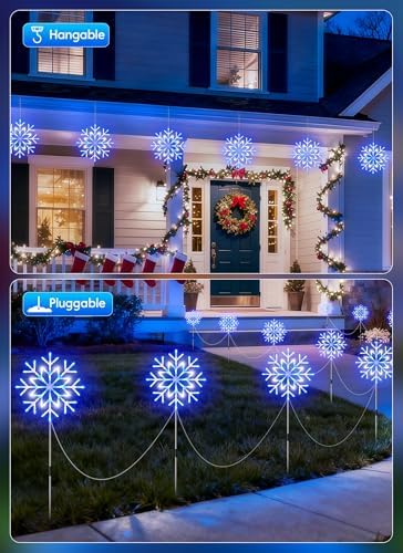 Brightown Large Snowflake Pathway Lights,10-Pack 34" Outdoor Snowflake Christmas Lights Decor for Yard, 8 Modes Sidewalk Marker Stake for Driveway Walkway, IP44 Waterproof,Blue and White - Image 4