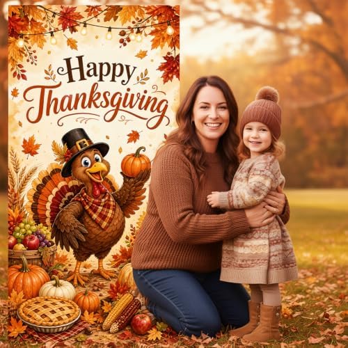 Happy Thanksgiving Door Cover, Thanksgiving Turkey Door Banner with Pumpkin Pie Corn Sunflower Maple Leaves, Fall Harvest Front Door Decorations Porch Wall Party Photo Backdrop 70.8 x 35.4 Inch - Image 5