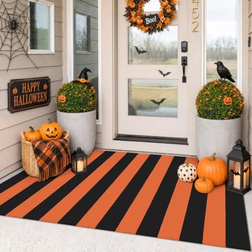 IOHOUZE Fall Striped Outdoor Rug 3x5, Washable Porch, Orange Black by iOhouze