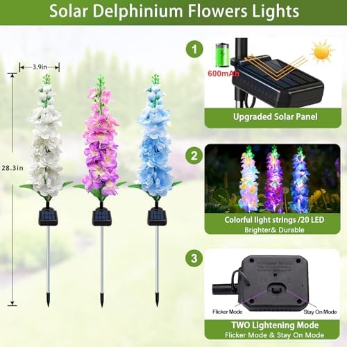 MRHEPHAESTUS Solar Garden Lights, 6 Pack 20 LEDs Solar Delphinium Flowers Lights Gifts for Mom Grandma Women, Waterproof Solar Outdoor Lights Two Lighting Modes for Wedding Garden Yard Patio Decor - Image 2
